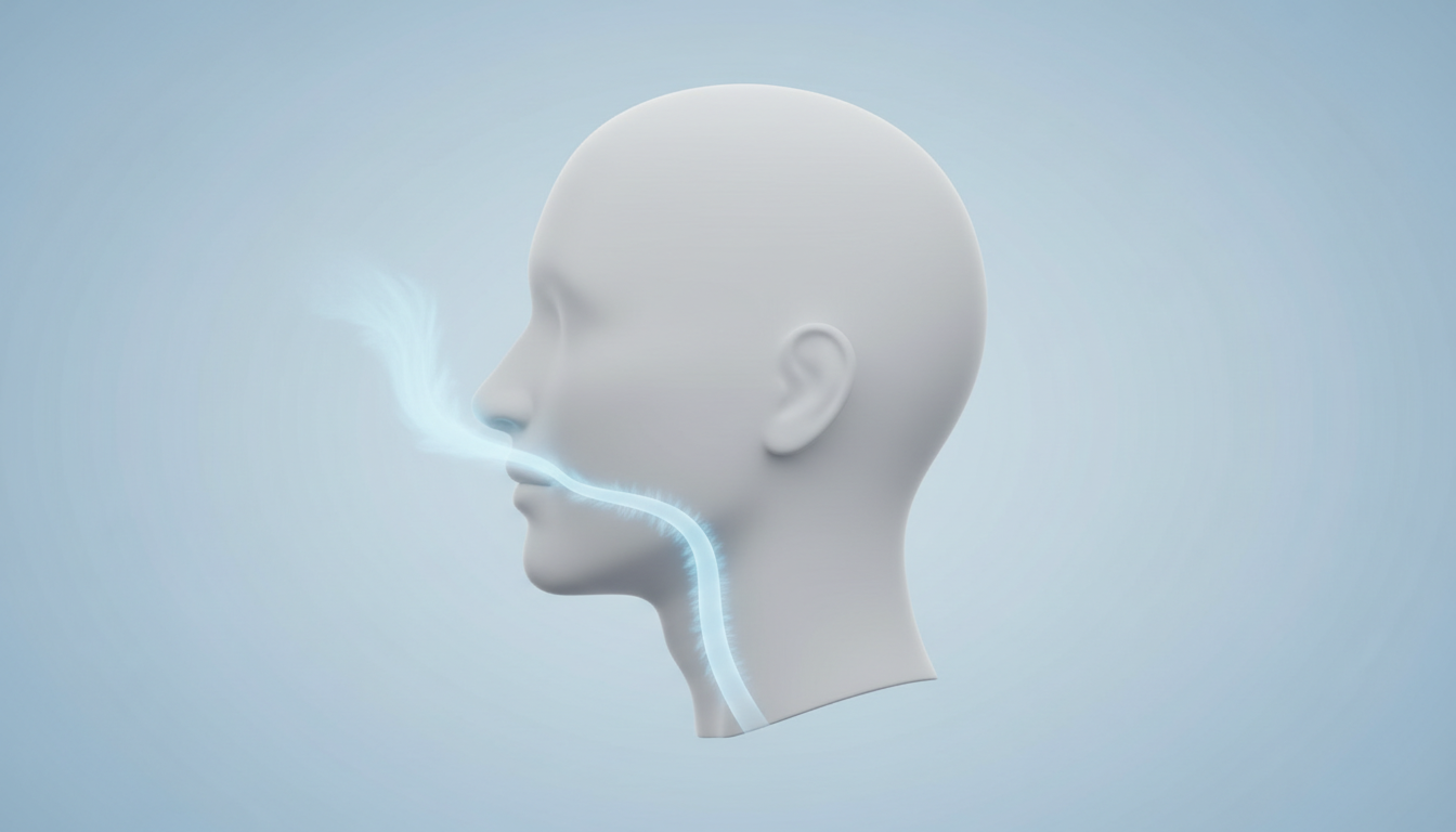 Ilustración conceptual de un perfil de cabeza y mandíbula con la vía aérea resaltada, sobre fondo clínico azul claro