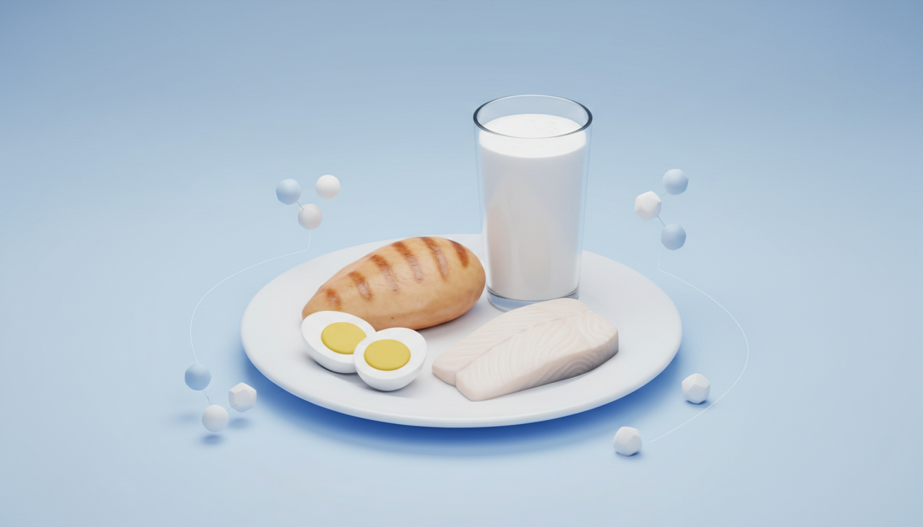 Ilustración conceptual de alimentos proteicos y moléculas abstractas sobre fondo clínico azul claro