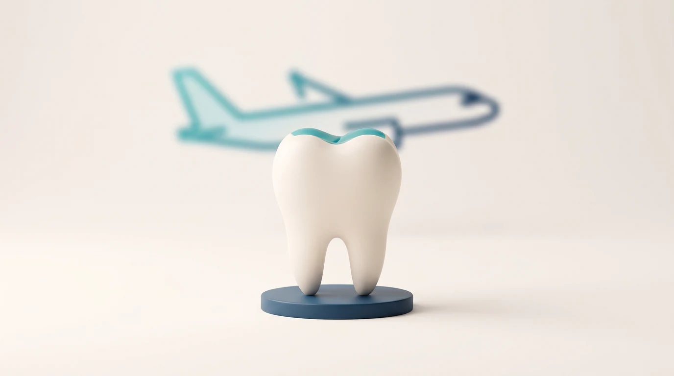 Modelo dental ilustrado sobre una base, con la silueta desenfocada de un avión al fondo