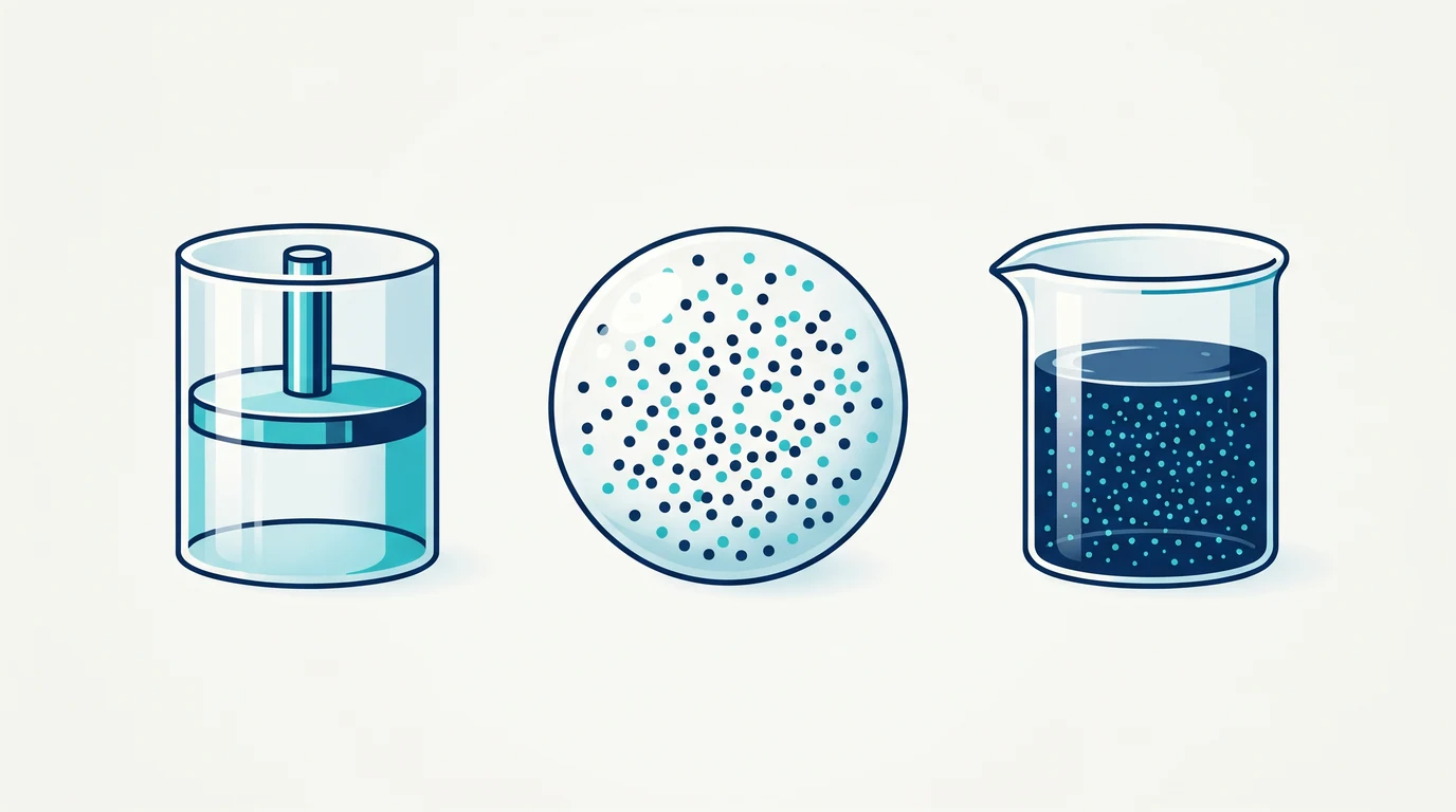 Ilustración con un cilindro y pistón, partículas de dos colores y un recipiente con líquido