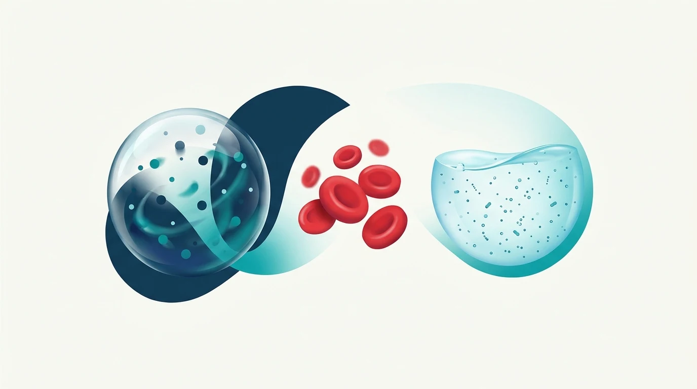 Ilustración conceptual de una mezcla gaseosa, glóbulos rojos y un líquido con partículas dispersas