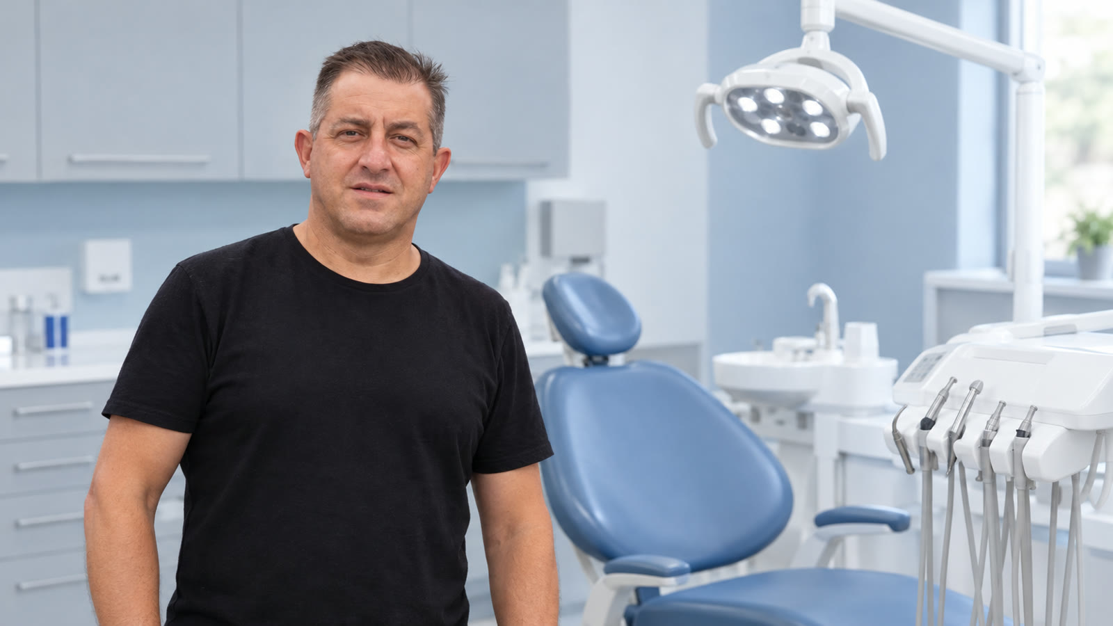 Retrato de Raúl Chicon con un entorno clínico dental recreado digitalmente