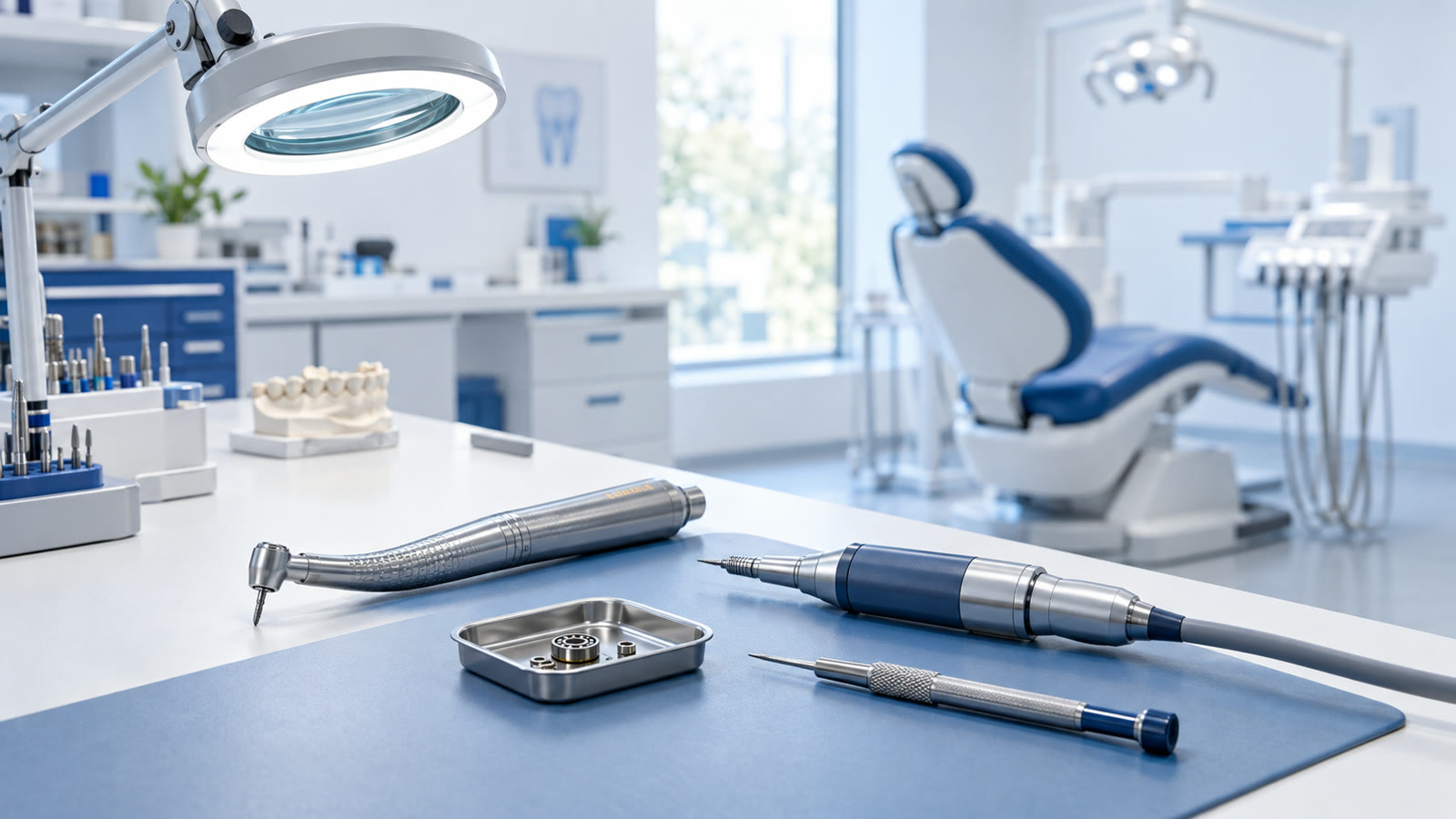 Composición ilustrativa de instrumental en un taller técnico dental, con entorno de clínica y laboratorio